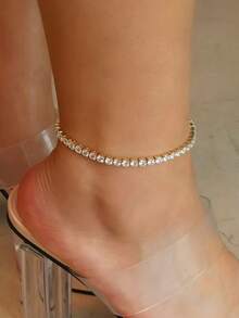Minimalist Single-Row Rhinestone Anklet, Versatile Commuter Luxury Zirconia Ankle Accessory - Yellow Gold - View 2
