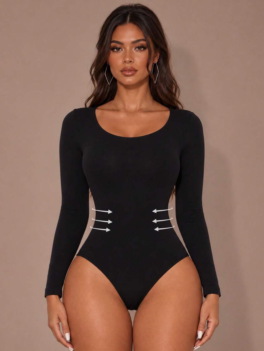Women's Solid Color Round Neck Long Sleeve Jumpsuit, High Elasticity Tummy Control Slimming Fit
