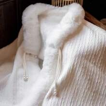 1pc Faux Fur Trim Polyester Jacquard Bridal Shawl With Faux Pearl Button, Thermal Lined Wedding Evening Party Short Cape - Multicolor - View 7
