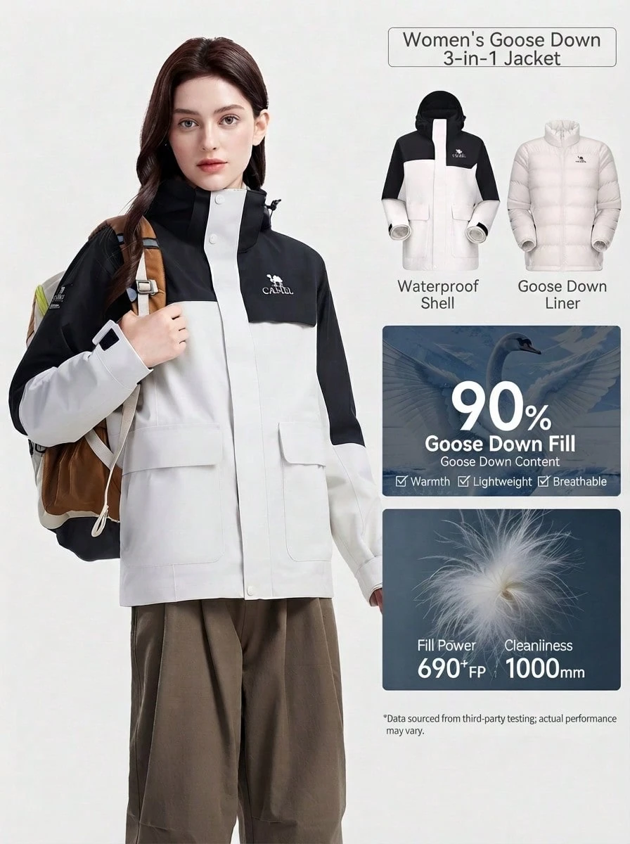 CAMEL CROWN Women's 3-In-1 Goose Down Jacket, Fluorine-Free Water-Repellent & Windproof Outdoor Mountaineering Coat - Light Frost White/Phantom Black - View 1