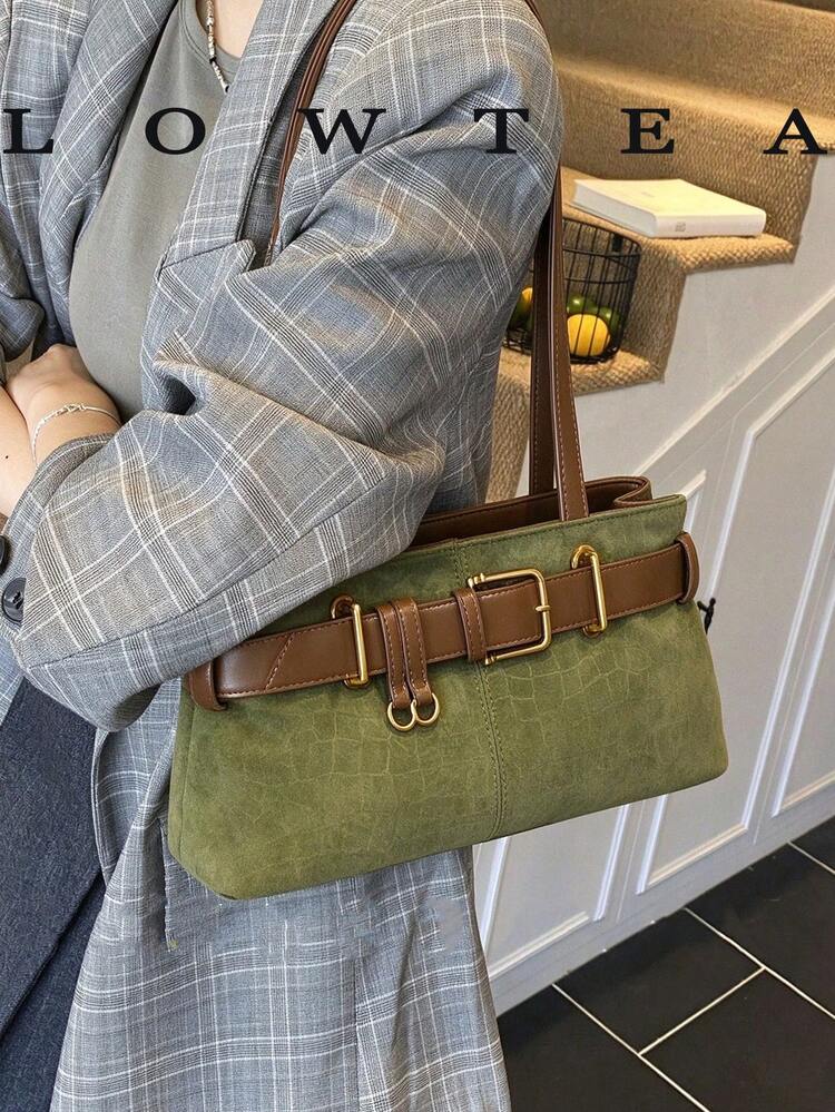Low Tea 1pc Solid Color Matte Suede Fabric One Shoulder Bag, Women's Retro Fashion Square Bag, Top Dual Handle Design, Zipper Closure, Suitable For Travel, Shopping, Dating, Women's Gift, Perfect For Commuting, Outdoor, Travel, Outing - Dark Green - View 5