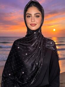 1pc Women's Solid Color Rhinestone Scarf, New Fashion Elegant Hijab, Soft Lightweight Shawl - Black - View 2
