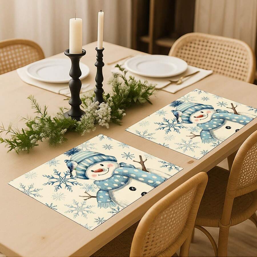 2Pcs Watercolor Snowman Placemats Blue Snowflake & Bird Print Winter Table Mats Farmhouse Winter Holiday Table Decor - Blue and White - View 1