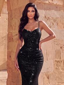 Elegant Sequin Spaghetti Strap Mermaid Evening Gown, Criss-Cross Open Back Design, Ruched Waist, Suitable For Wedding Reception And Formal Gala - Black - View 3