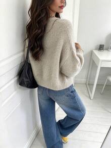 Women's Autumn/Winter Round Neck Solid Color Single-Breasted Fuzzy Warm Loose Casual Knit Cardigan, Daily Street Commute Date Outfit Top - Silver - View 3