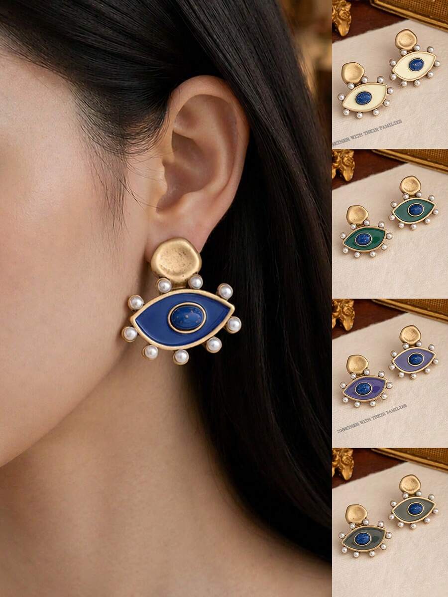 1 Pair Evil Eye Stud Earrings, Elegant High-End Vintage Colorful Enamel Rhinestone Dangle Earrings - Evil Eye - View 1