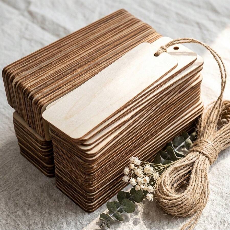 120pcs Blank Wooden Bookmarks, Rectangular DIY Wooden Tags With Hanging Rope, Suitable For Wedding, Birthday Party, Holiday Decoration, Rustic Vintage Style Handmade Crafts And Personalized Gift DIY - A - View 1