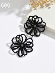 OOQ 1 Pair Handmade Rice Bead Flower Earrings, Casual Minimalist Style, Fashion Niche Design, Ins Style, Elegant Sexy Fashion Earrings, Suitable For Women For Dating, Commuting, Holidays And Outings - Black - View 3