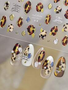 1Sheet Gold Foil Leopard Nail Stickers, Irregular Shape Vintage Letter Pattern Nail Decoration For DIY Manicure - Multicolor - View 2