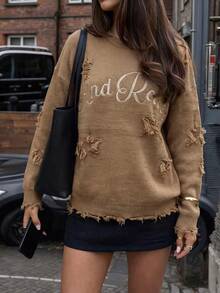 JustMiss Sweater Wanita Lengan Panjang Leher Bulat dengan Rumbai Sobek Bergaya Street Fashion Minimalis Rajut Tebal untuk Musim Gugur/Dingin - Unta - View 8