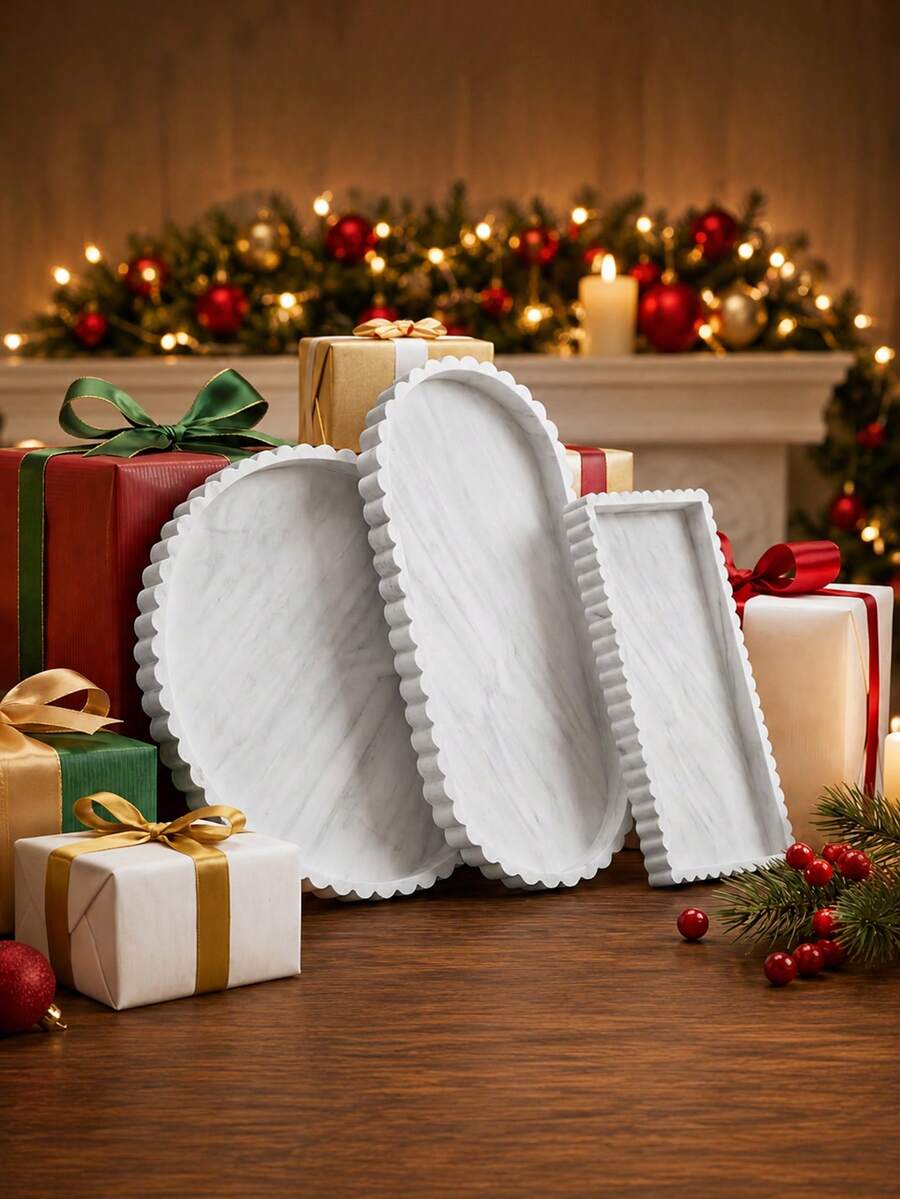 Marble White Silicone Dressing Table Organizer Tray In 3 Sizes, Scalloped Edge Storage For Perfume, Lipstick, Makeup Brushes And Jewelry, Decorative Countertop Accessory For Bathroom Vanities And Daily Skincare Arrangements - Multicolor - View 1