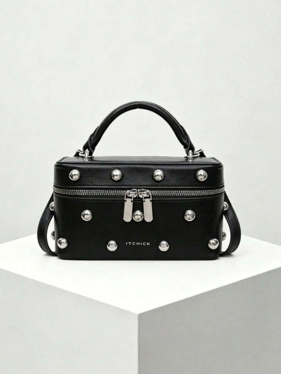 Vintage Style Rivet Decor Box Bag; Y2K Style, Multi-Functional, Minimalist Casual Women's Crossbody Bag; Zipper Closure; Adjustable Shoulder Strap; Suitable For Office, Dating, Outing, Picnic And Other Occasions - Black - View 1