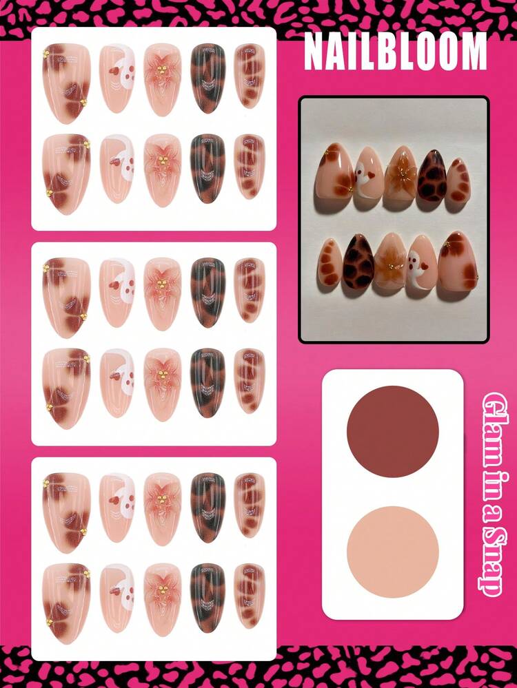 10pcs Helloween Medium Almond Press On Nails, Fall Nails French Tips Nail , For Girls And Women's Daily Wear, Holiday Parties And Gifts - Brown - View 2