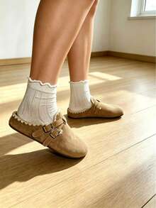 Women's Bohemian Style Faux Suede Closed Toe Mule Slippers With Round Toe, Double Buckle And Braided Trim - Khaki - View 5