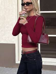 Unadoll Women's Asymmetrical Shoulder Long Sleeve Ruched Cropped Top, Fitted Basic T-Shirt, Suitable For Back To School, Daily Wear And Outings - Burgundy - View 6