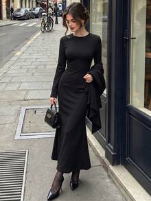 DONICY Women's Autumn New Chinese Style 2 Pieces Set, Stand Collar Shawl Slim Fit Mermaid Long Dress - Black - View 9