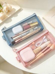 1Pc Small Clear Mesh Makeup Bag - Portable Nylon Zipper Cosmetic Pouch For Makeup Brushes & Toiletries | Multifunctional Stationery Pencil Organizer For Travel, Home, School, Office & Holiday Essentials - Multicolor - View 5