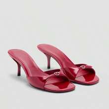 Women's 2026 Autumn New French Minimalist Elegant Plaid Print Mid-Heel Sandals With Bow And Rhinestones - Burgundy - View 1