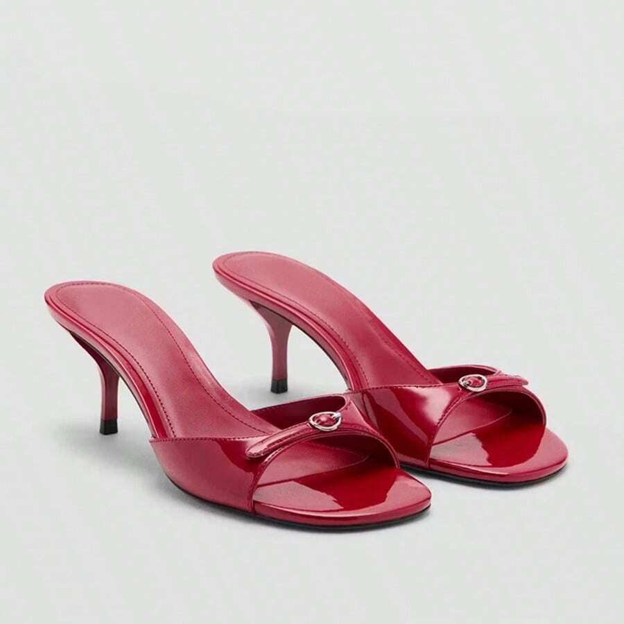 Women's 2026 Autumn New French Minimalist Elegant Plaid Print Mid-Heel Sandals With Bow And Rhinestones - Burgundy - View 1