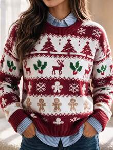 Women's Christmas Reindeer & Gingerbread Man Pattern Pullover Sweater, Long Sleeve Regular Fit, Suitable For Holiday Parties - Multicolor - View 2