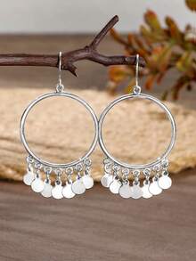 1 Pair Bohemian Silver Large Hoop Earrings With Round Metal Sequin Tassel, Women's Dangle Exaggerated Earrings - Silver - View 6