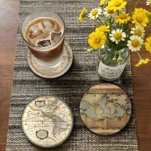 Vintage World Map Wooden Coasters 8pcs, Durable Non-Slip Heat-Resistant Pads. Classic Appearance Fits Various Spaces Like Home, Kitchen And Office. Functional Desktop Protection And Cute Decoration, Perfect For Daily Use And Holiday Parties - View 4
