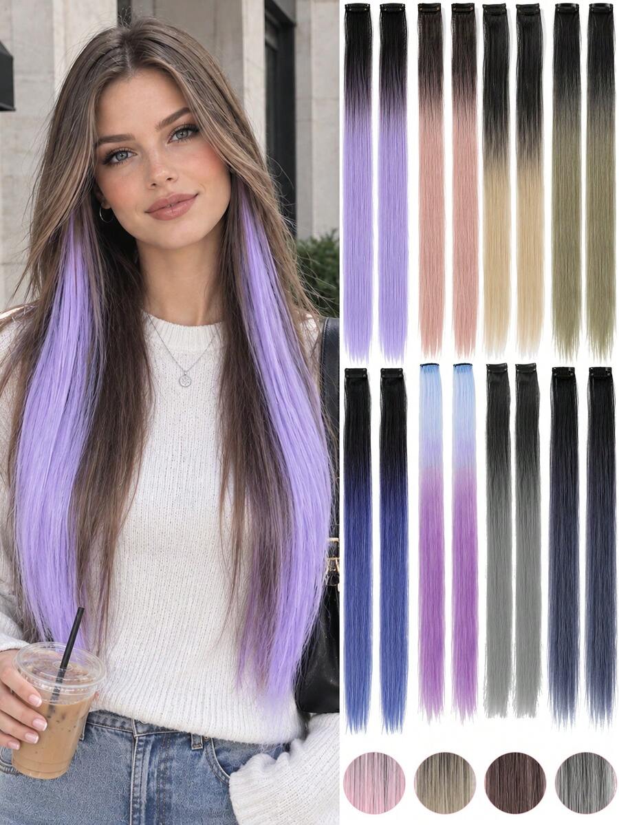 2Pcs 24 Inch Ombre Straight Clip In Hair Extensions, Colored Highlight Hair Pieces For Women, Multiple Gradient Colors - Multicolor - View 1
