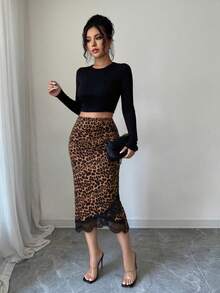 abyoxi Women's Vintage Leopard Print High Waist Midi Skirt, Side Ruched Lace Trim Slim Fit Mermaid Skirt - Brown - View 5