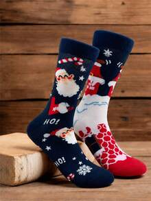 GNIM HL 1 Pair Asymmetrical Santa Claus Christmas Crew Cotton Socks Men Navy Blue Snowflake Print Holiday Cotton Socks For Gift - Navy Blue - View 7