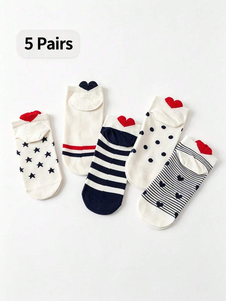 5 Pairs Women's Star Print Invisible Socks, Cute Heart Decoration Low-Cut Invisible Liner Socks, Casual Style - Multicolor - View 1