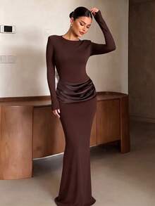 Elegant Long Sleeve Round Neck Pleated Satin Dress - Brown - View 2