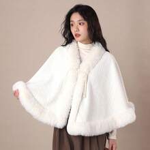 1pc Faux Fur Trim Polyester Jacquard Bridal Shawl, Faux Pearl Button Design, Fleece Lined Wedding Dress Evening Gown Short Cape - Multicolor - View 2