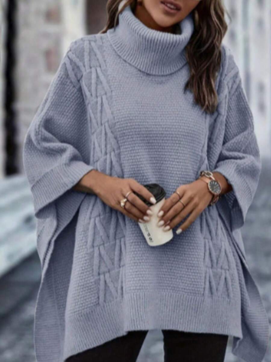 Plus Size Loose Asymmetrical Cut Shawl Collar Knit Pullover Sweater - Dusty Blue - View 1
