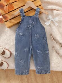 Girls' Denim Overall Long Pants With Sweet Bow Jacquard Design, Casual Denim Overalls For Toddlers And Young Girls, Spring/Autumn/Winter Single Piece With Adjustable Shoulder Straps - Royal Blue - View 6