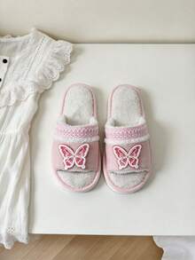 Women's Playful Butterfly Embroidered Indoor Slippers, Soft Plush Lining, Lace Trim, Warm House Slippers - Style E - Pink - View 3