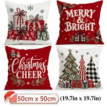 4pcs/1pc Christmas Red Background Gift Box Christmas Tree Cartoon Hand-Drawn Pattern Pillowcase, No Insert, Single-Sided Print Pillowcase, Suitable For Living Room Bedroom Home Decor, All Season Pillowcase - Multicolor 03 - View 12