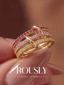 1pc 3-Layer Interlocking Colorful Diamond Ring, Women's Jewelry, Shiny Luxury Promise Ring, Exquisite Jewelry, Suitable For Weddings, Balls And Other Occasions - Gold - View 1