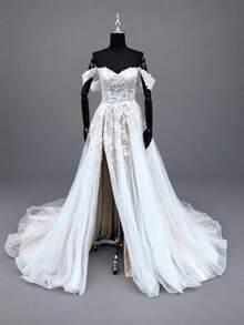Nordiya Elegant Off-Shoulder Sexy High-Slit Lace Embroidered Long Wedding Dress Bridal Gown Suitable For Wedding Banquet Guests - Beige - View 7