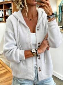 Plus Size Women's Hooded Knit Cardigan, Autumn/Winter Long Sleeve Loose Button-Up, Casual Everyday Essential - Off White - View 10