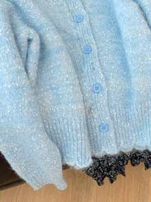 Comfortable Women's Winter Knit Cardigan, Soft Knit, Long Sleeve Round Neck, Front Button Design, Short Regular Hem, Vintage Style - Blue and White - View 6