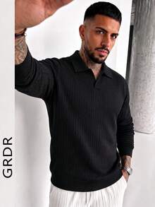 GRDR Men's Black Vertical Ribbed Polo Collar Knit Sweater, Slim Fit Long Sleeve V-Neck Pullover Top, Autumn/Winter - Black - View 4