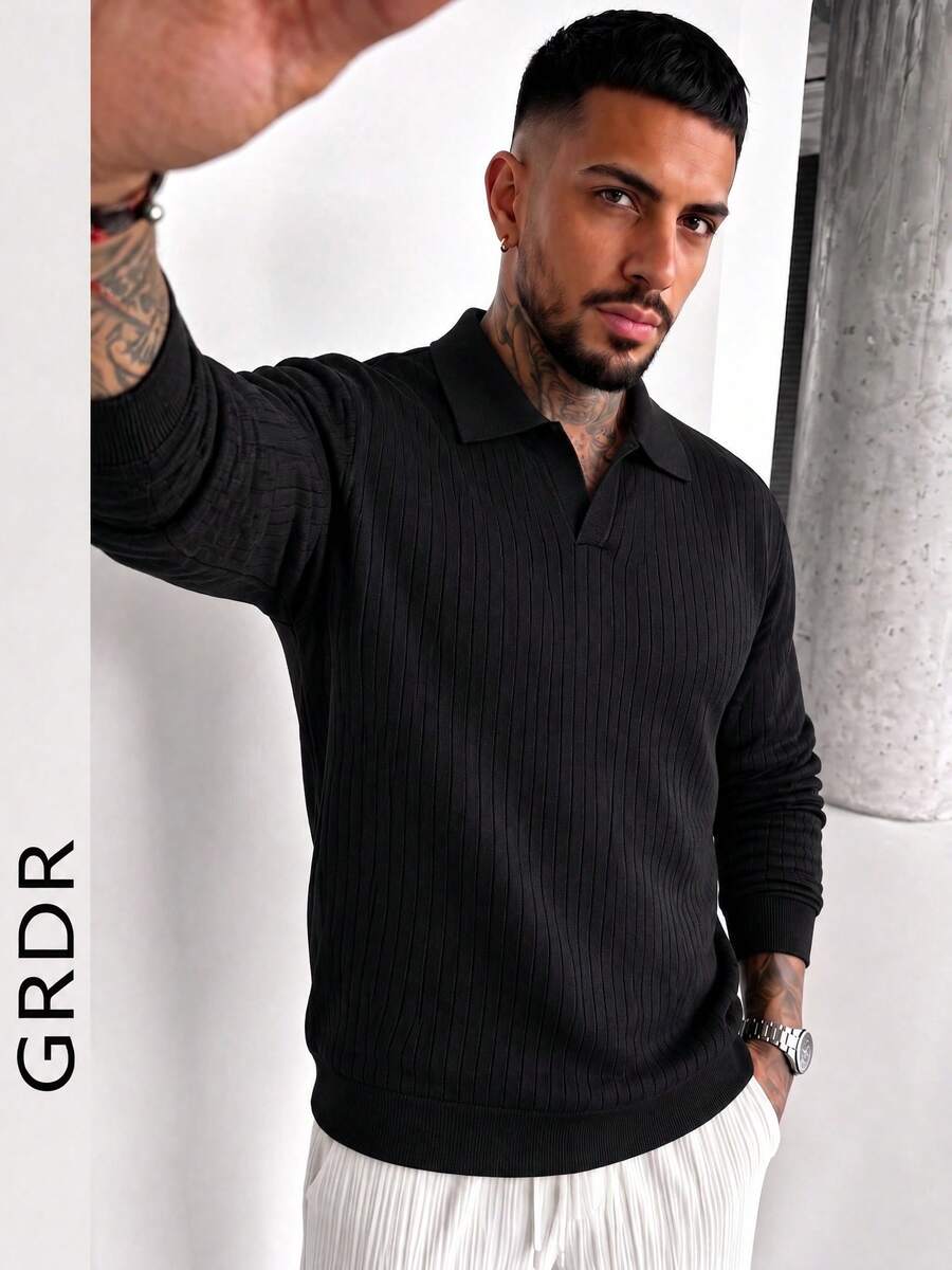 GRDR Men's Black Vertical Ribbed Polo Collar Knit Sweater, Slim Fit Long Sleeve V-Neck Pullover Top, Autumn/Winter