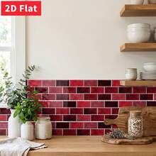 Peel And Stick Tile Stickers, 5.91*11.81 Inch, Red Gradient Brick Pattern PVC Wall Decals, For Bedroom & Living Room Wall Renovation - B - View 6