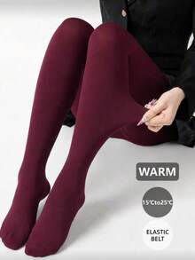 1 Pair Women's Burgundy Lightweight Tights, Soft High Elasticity Slim Fit Compression Socks, Elegant Autumn Winter Office And Daily Wear - Burgundy - View 3