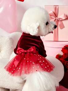 Cat & Dog Christmas New Year Fashion Solid Color Velvet Fabric With Puff Sleeves, Star Mesh Dog Dress - Red - View 1