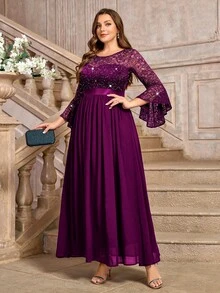 Plus Size Floral Sequin Lace Bell Sleeve Chiffon Ruched Hem Formal Evening Gown, Wedding Guest Dress, Suitable For Birthday, Graduation, Homecoming - Maroon - View 8