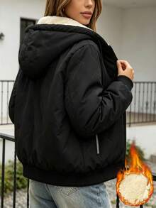 Women's Casual Commute Slouchy Fleece Lined Thickened Padded Coat, Embossed Pattern Drawstring Hood Warm Sports Coat - Black - View 4