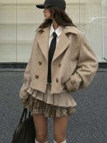 Women's Fashion Autumn Double-Breasted Short Jacket, Long Sleeve Lapel Collar Jacket With Pocket Design, Autumn/Winter Style - Apricot - View 2