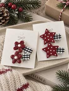 2pcs Autumn/Winter Vintage Burgundy Star & Floral Hair Clips, Side Bangs Hairpin, Polka Dot Sweet Hair Accessory - Multicolor - View 1