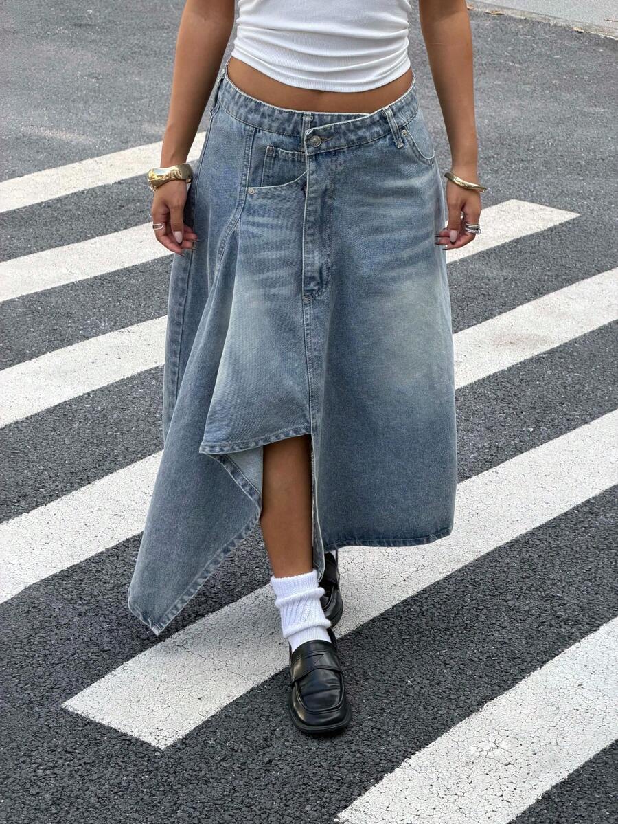 DEEKA Summer New Women's Fashion Asymmetric Denim Mini Skirt Casual - Blue - View 1